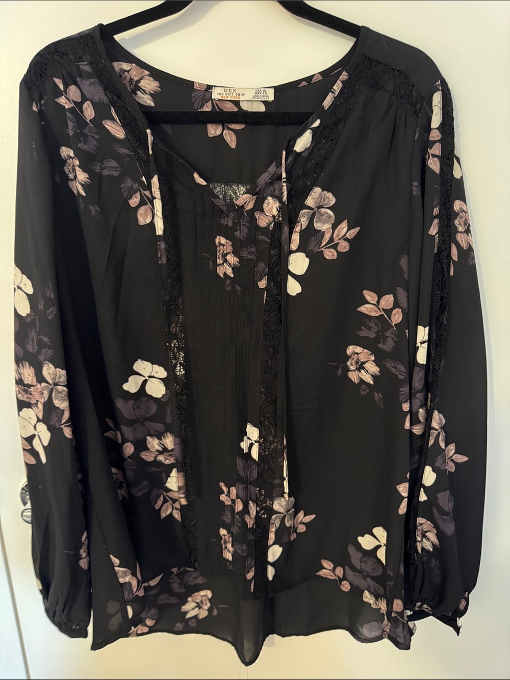 Dex Black Floral Lace-Trim Peasant Blouse